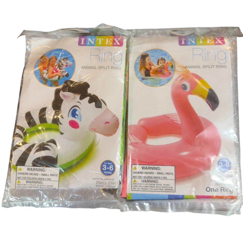 NEW Intex Lot of 2 Animal Split Ring Pool Floats Zebra and Flamingo Ages 3-6